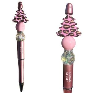 Pink Christmas Tree Animal Print Crystal Bead Life is Sweet Beaded Homemade Pen